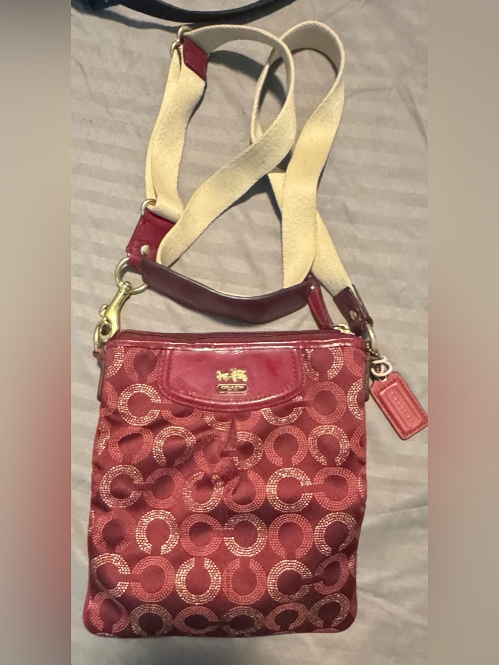 Coach Red Signature Crossbody Bag with Cream Strap